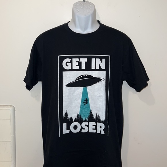 Unisex “Get in Loser” Alien Abduction Black Graphic Tee - Picture 2 of 9